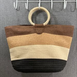 Striped Straw Tote Bag in Brown, Tan, Cream & Black
